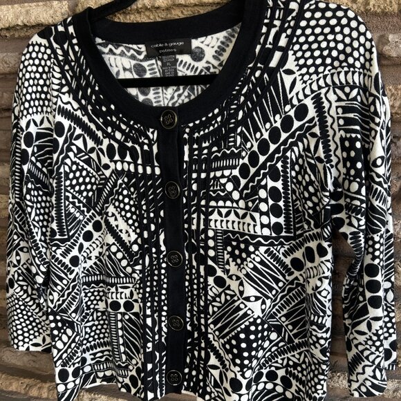 Cable & Gauge Black and White Geometric Cropped Cardigan Sweater Size Large P - Picture 5 of 7